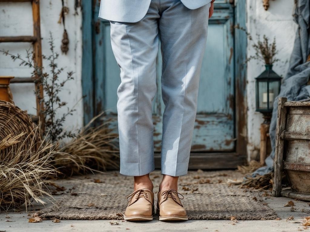 A man wearing a soft blue suit and light brown shoes, standing on a natural mat with rustic decor in the background.