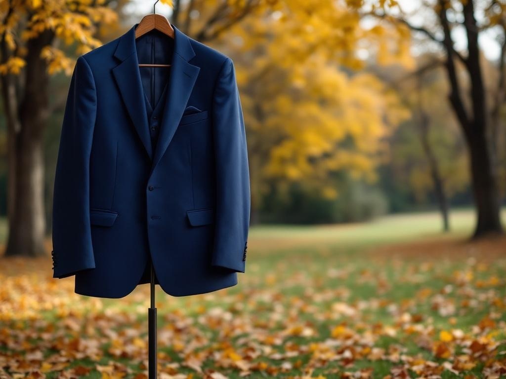 A deep blue three-piece suit displayed on a hanger in a park with autumn leaves.