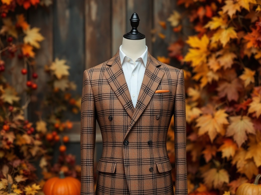 A stylish brown checkered suit displayed on a mannequin, surrounded by autumn leaves and pumpkins.
