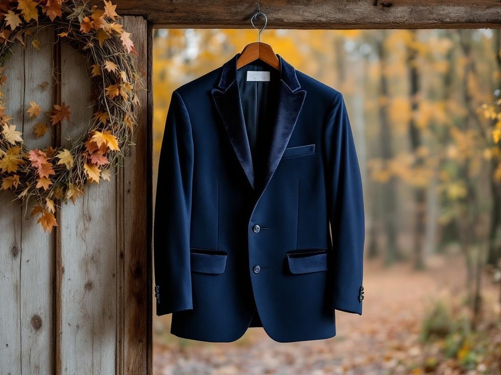 Navy blue tuxedo with velvet lapels hanging on a wooden frame surrounded by autumn leaves.