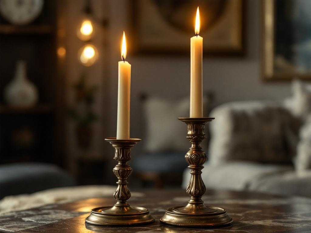 Two vintage candlesticks with lit candles on a table, creating a warm glow in a cozy living room.