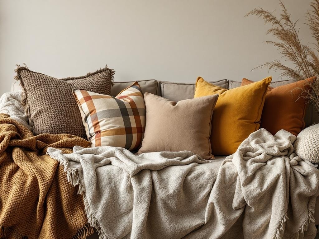 A cozy sofa with layered textiles, featuring various pillows and throws in warm colors.