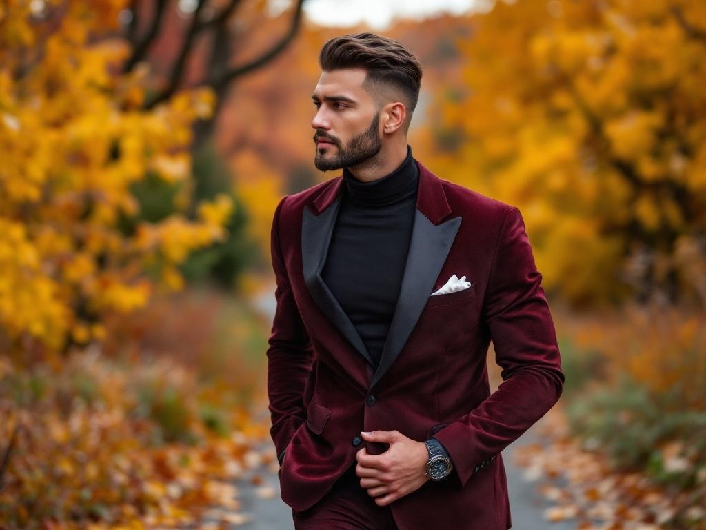 A man in a burgundy suit with black accents walking in a fall setting with colorful leaves.