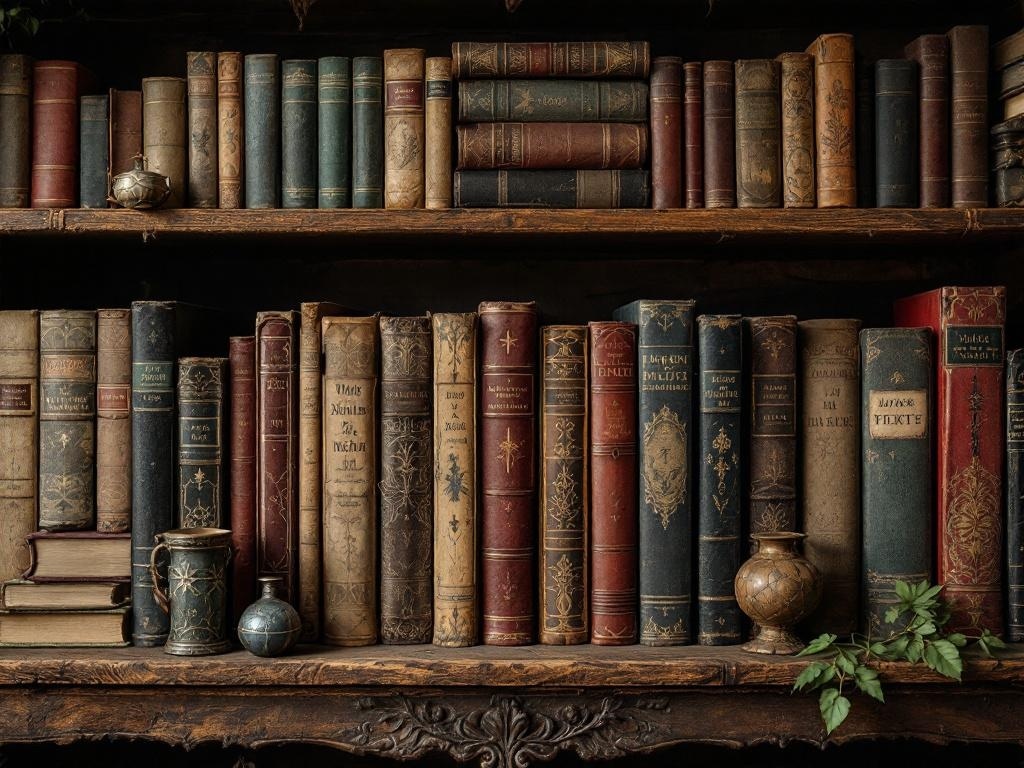 A rustic wooden shelf filled with vintage books, decorative items, and greenery.