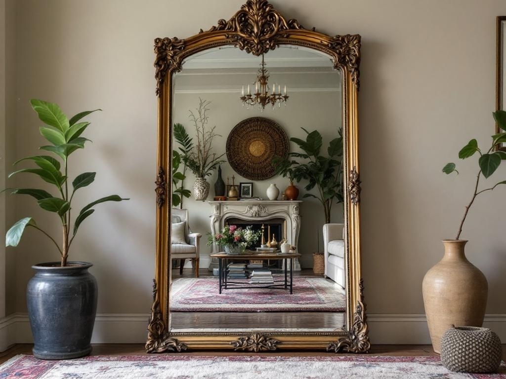 A vintage ornate mirror reflecting a cozy living room with plants and vintage decor.