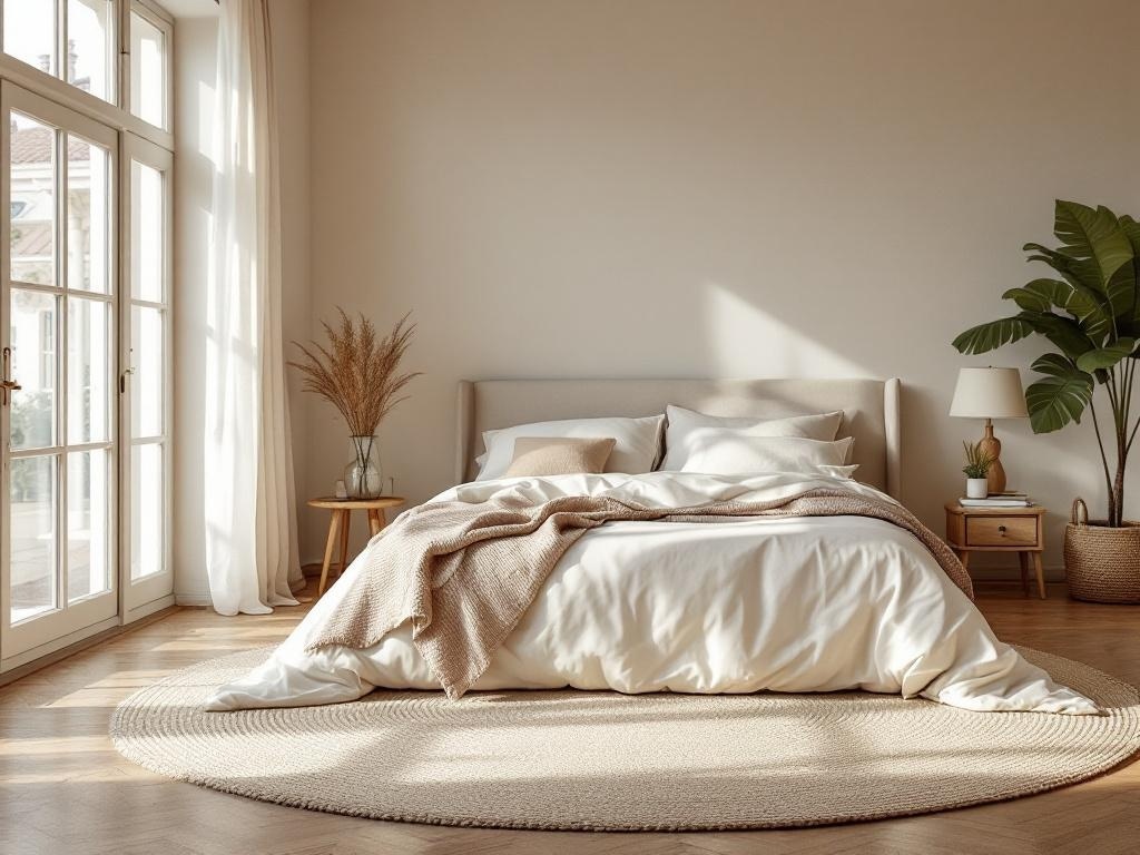 A cozy French country bedroom featuring a natural fiber rug, soft bedding, and warm lighting.