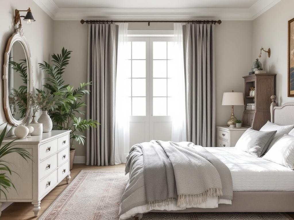 A cozy bedroom featuring a mix of modern and traditional decor with light gray walls, a stylish bed, and natural elements.