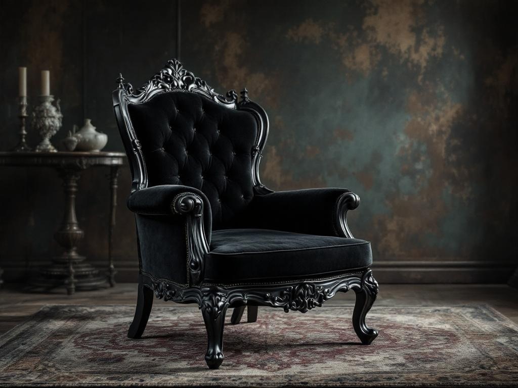 A gothic-style black velvet armchair with intricate detailing, set against a dark, vintage-inspired background.