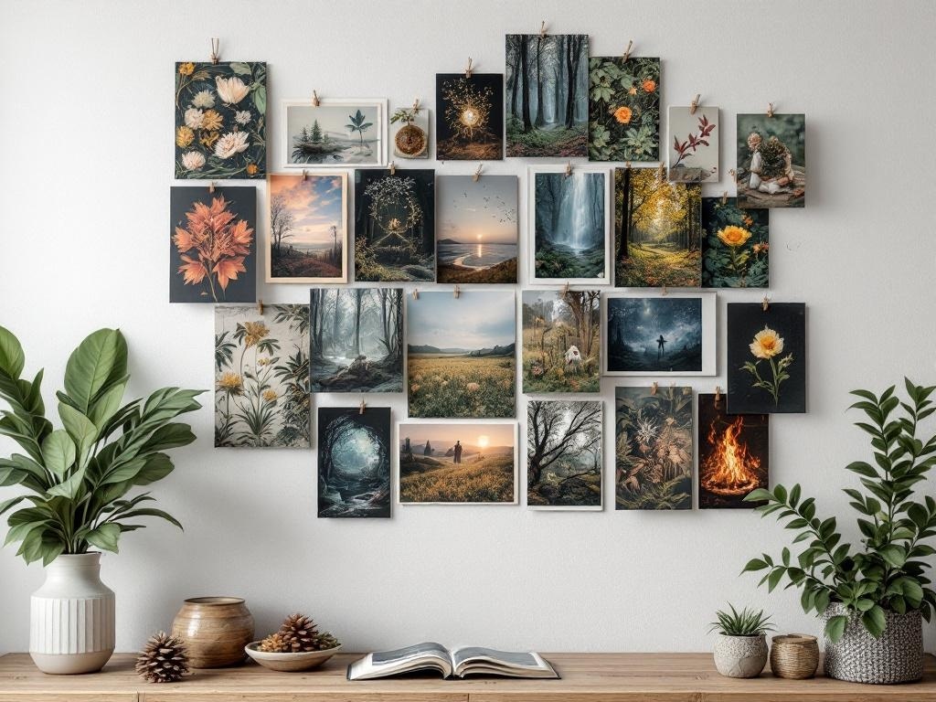 A mood board featuring nature-inspired photos arranged on a wall, surrounded by decorative plants and natural elements.