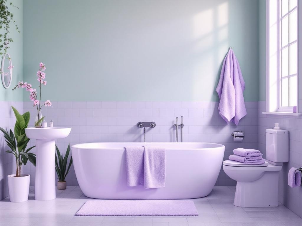 A bathroom featuring green walls and violet linens, with a freestanding bathtub and plants.