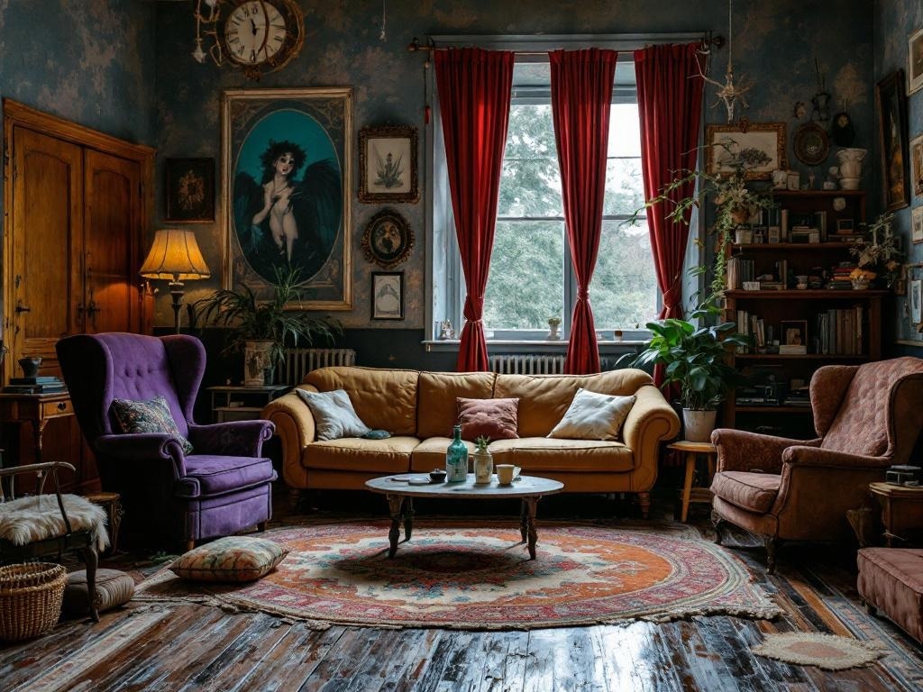 A cozy living room featuring mismatched furniture, including a yellow sofa, purple armchair, and a rustic wooden cabinet, with vintage decor and plants.