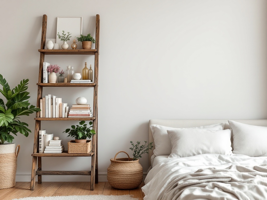 A rustic ladder shelf filled with books and decorative items next to a cozy bed in a French country bedroom.