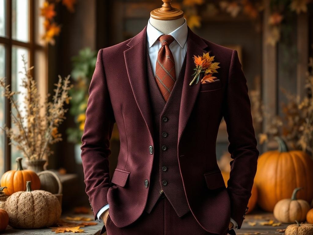 Wine-colored suit with matching tie, featuring a boutonnière and set against a fall-themed backdrop.