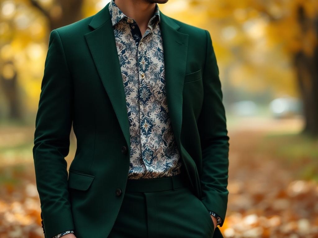 A man wearing a dark green suit with a patterned shirt, standing in a fall setting with yellow leaves.