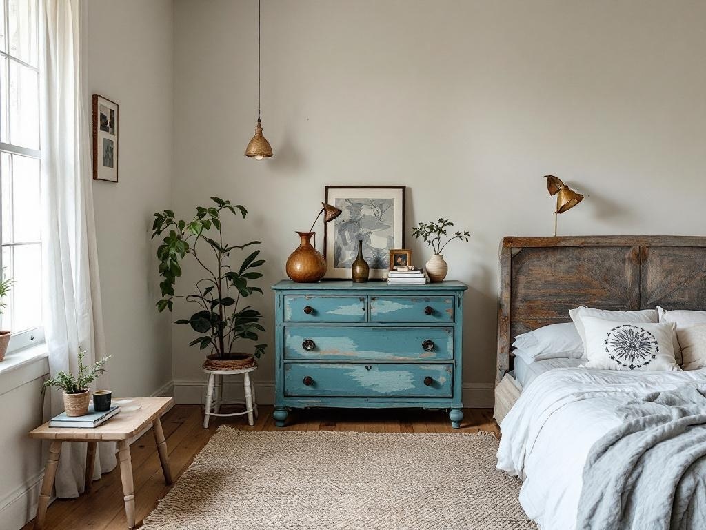 A cozy French country bedroom featuring artisan hand-painted furniture, including a blue dresser and rustic wooden headboard.