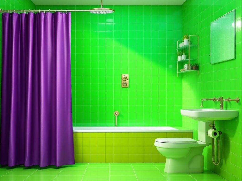 A bathroom with bright green tiles and a plum shower curtain, featuring a bathtub and sink.