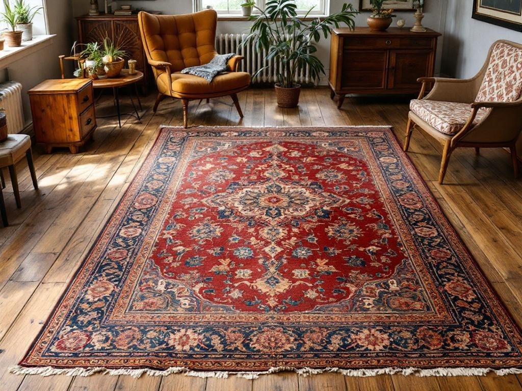 A cozy living room featuring an antique rug, wooden furniture, and plants.
