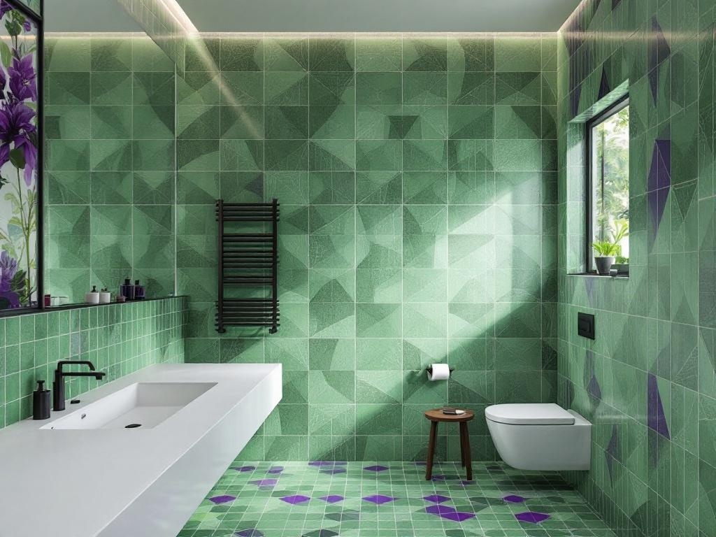 A modern bathroom featuring green and purple geometric patterned tiles on the walls and floor, with a sleek white sink and black fixtures.