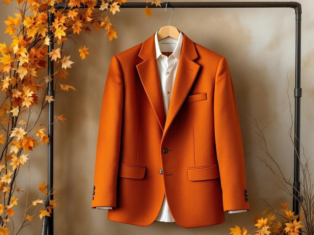 Rust orange suit hanging on a rack with a cream shirt