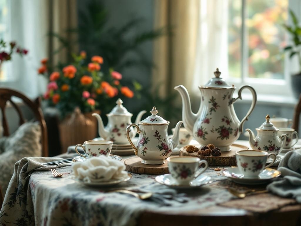 A charming vintage tea set on a beautifully set table with floral patterns, surrounded by warm decor and bright flowers.