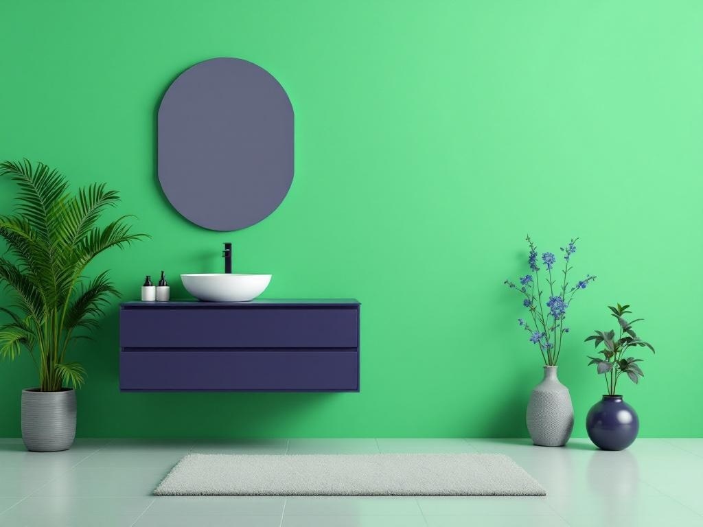 A modern bathroom with bright green walls, a dark purple floating vanity, and decorative plants.