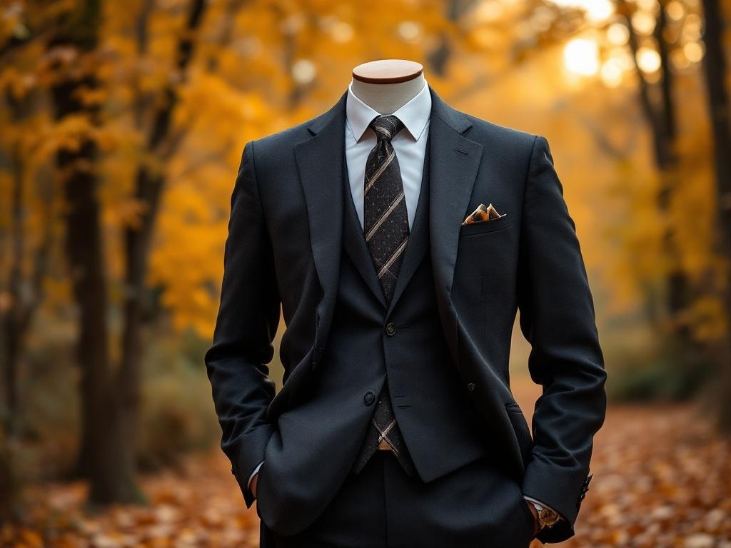A dark gray suit displayed on a mannequin, featuring a patterned tie and a pocket square, set against a backdrop of autumn foliage.