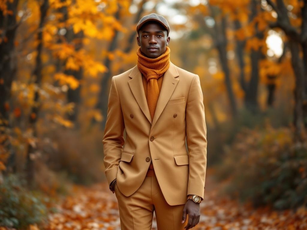 A man in a light tan suit with rust accessories standing in a fall setting with orange leaves.