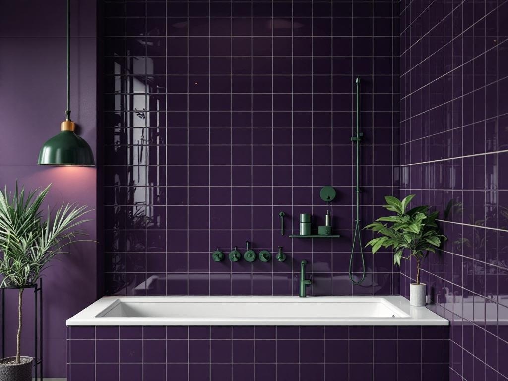 Bathroom with deep purple tiles and green fixtures, featuring a white bathtub and potted plant.