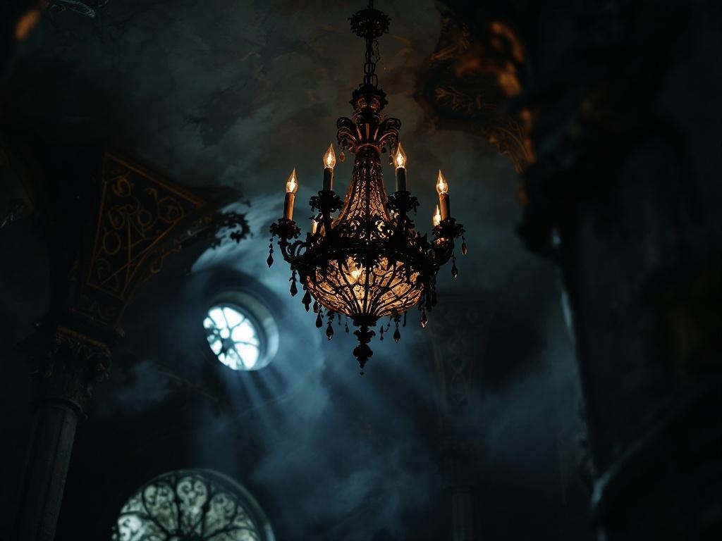 A gothic chandelier with candles, casting warm light in a dimly lit room.