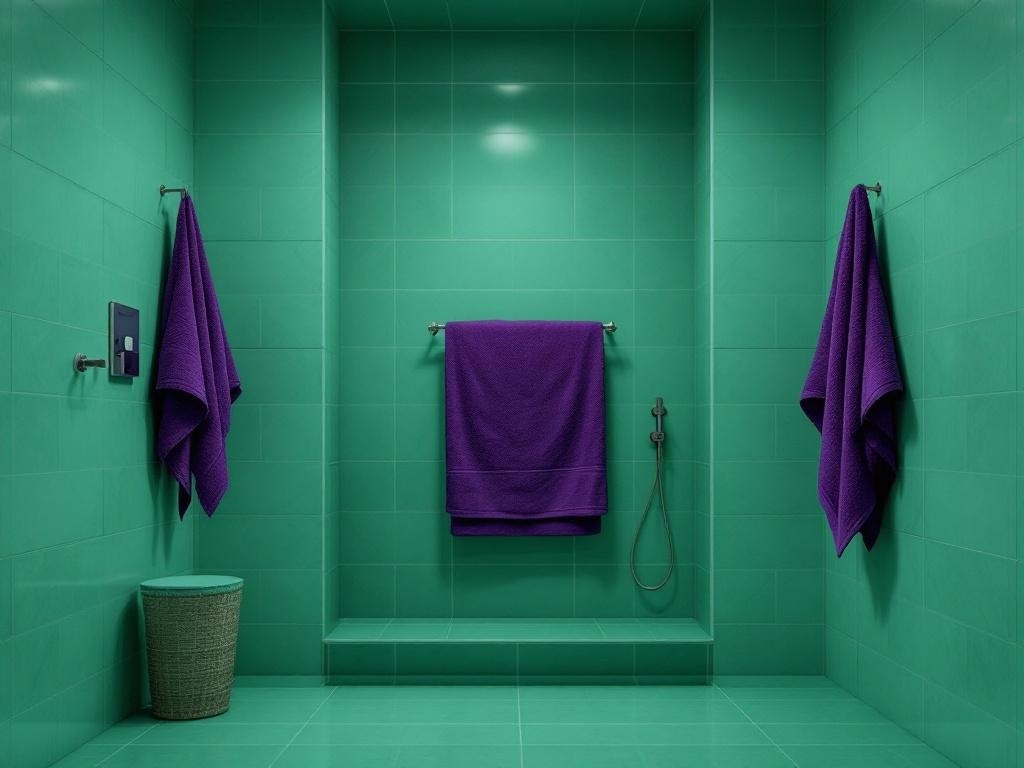 Emerald green shower with purple towels hanging on the wall