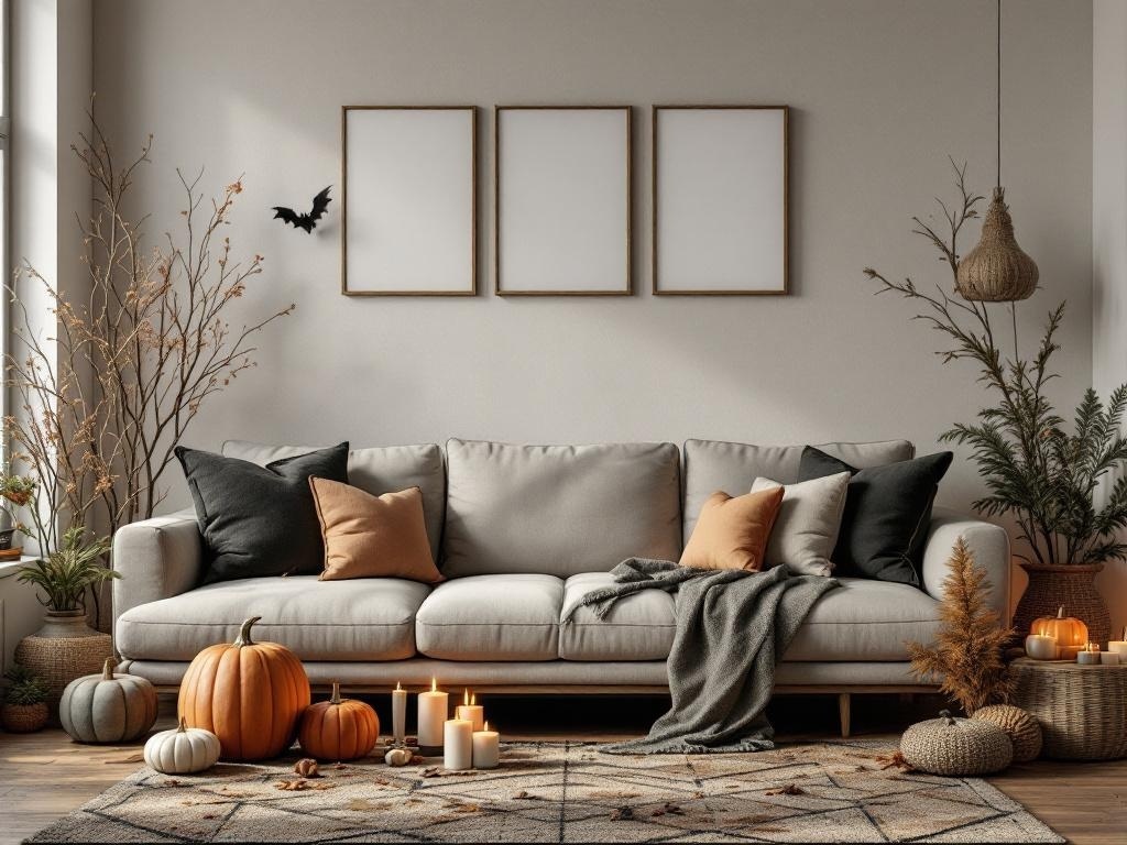 A cozy living room decorated for fall with pumpkins, candles, and witchy elements.