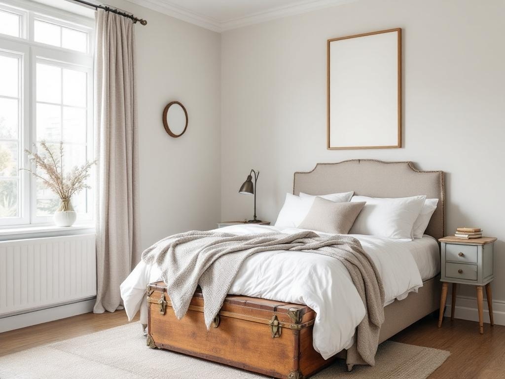A cozy bedroom featuring a vintage trunk at the foot of the bed, with soft bedding and natural light.