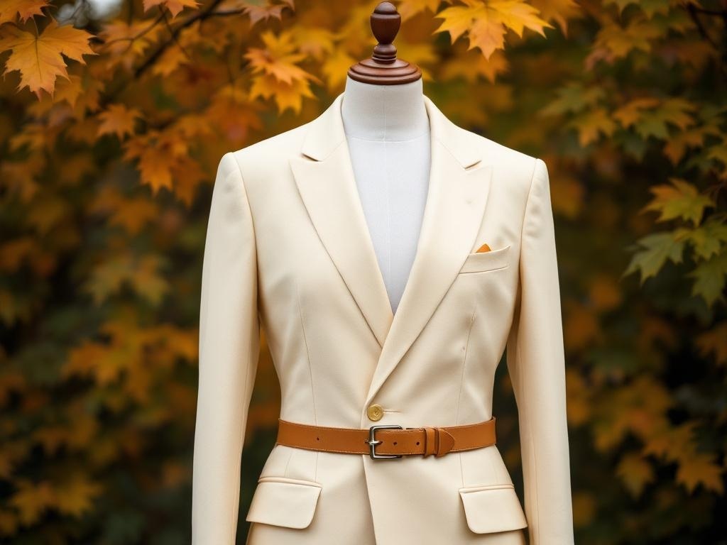 A cream suit with a tan belt displayed against a backdrop of autumn leaves.