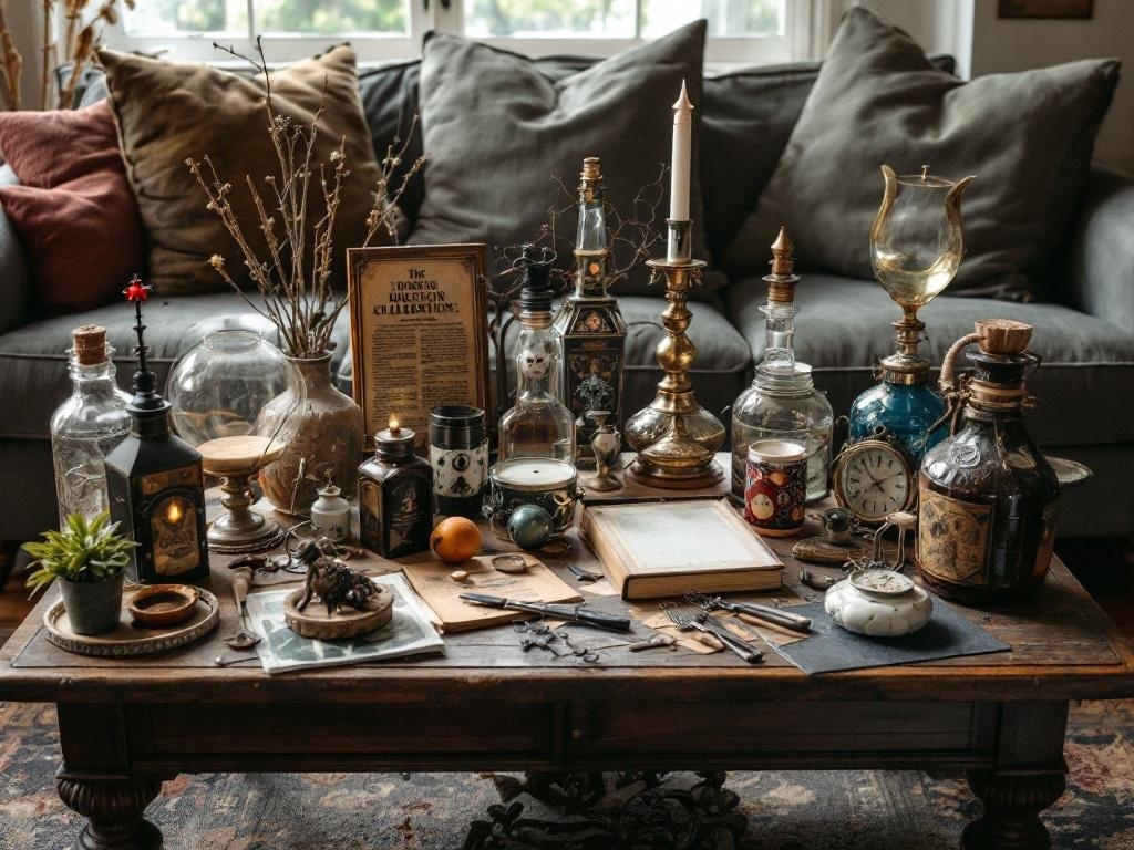 A vintage coffee table filled with various curiosities and oddities, including antique bottles, a candle holder, and decorative items, set in a cozy living room.