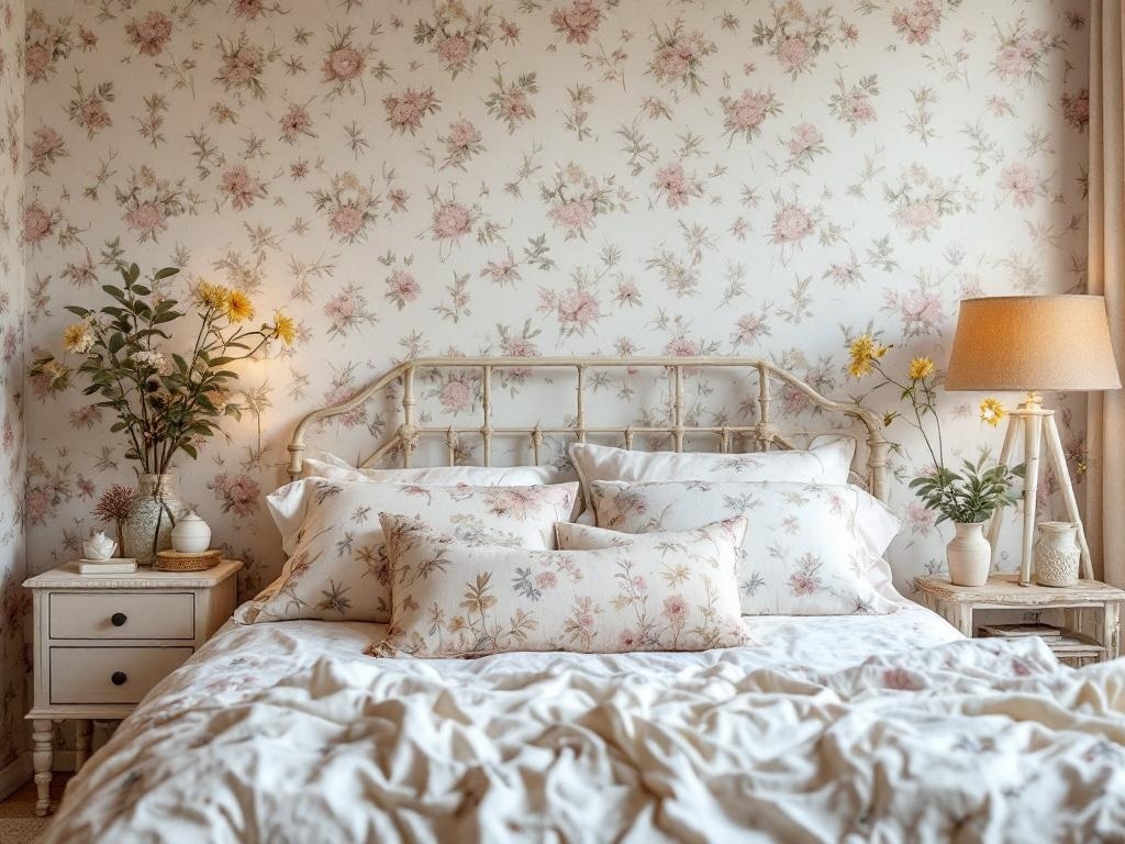 A cozy French country bedroom with delicate floral wallpaper, a bed with floral linens, and potted plants.