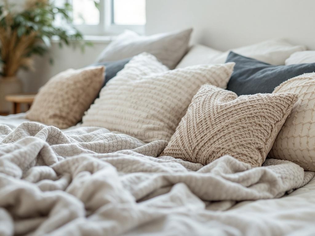 A cozy bed with soft textured throw pillows in neutral tones, showcasing different patterns and textures.