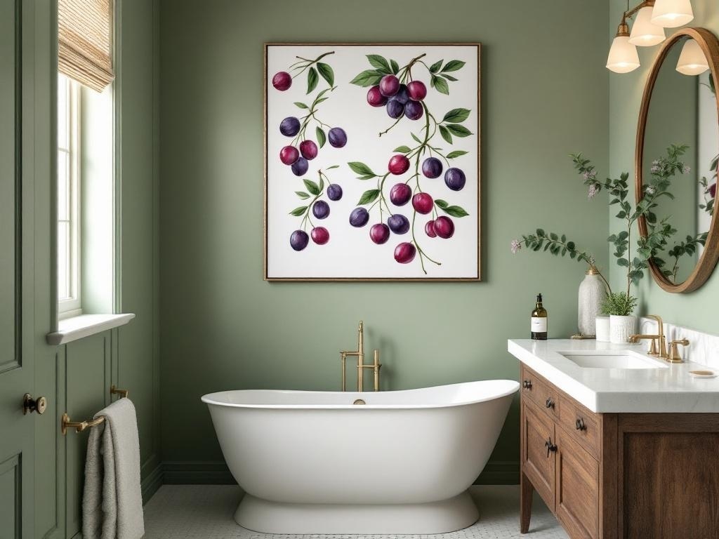 A bathroom with sage green walls, a freestanding bathtub, and plum artwork.