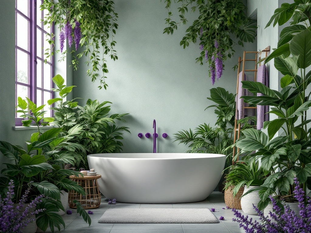 A stylish bathroom featuring lush green plants and purple accents, with a freestanding tub and vibrant decor.