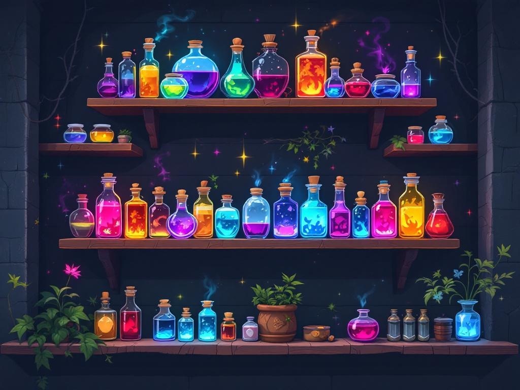 Colorful spell jars and potions displayed on shelves, creating a magical decor vibe.