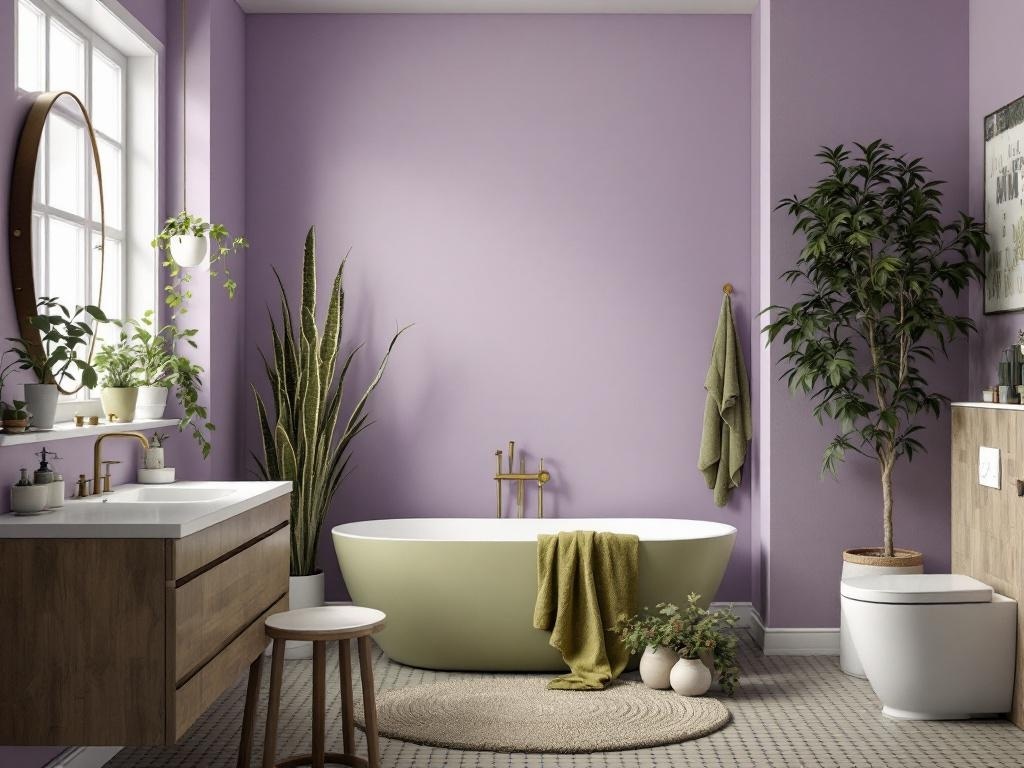 A bathroom featuring lavender walls and an olive green bathtub, with plants and wooden accents.