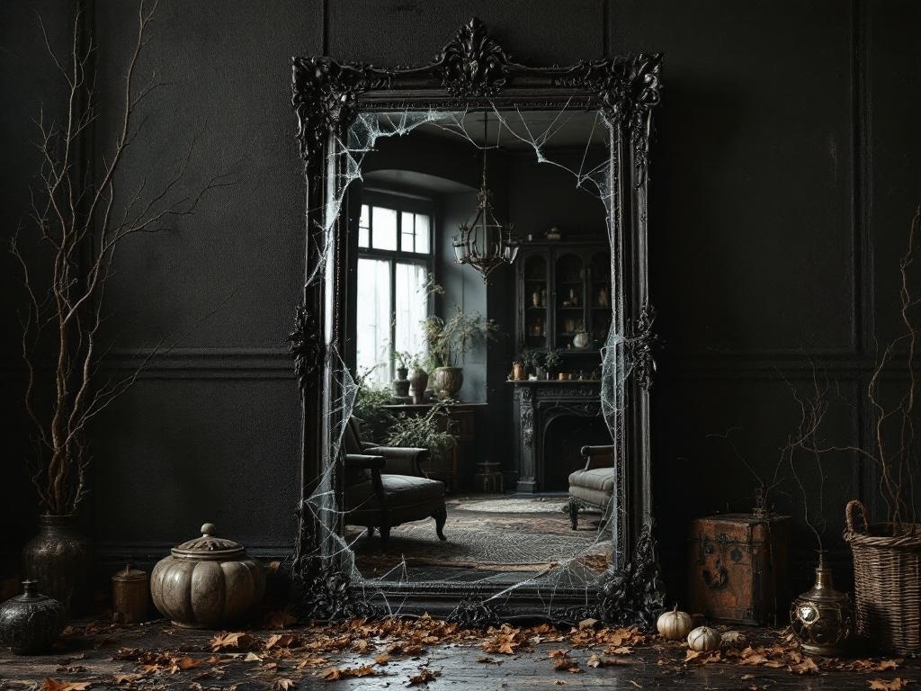 A broken ornate mirror surrounded by vintage décor in a dark living room.