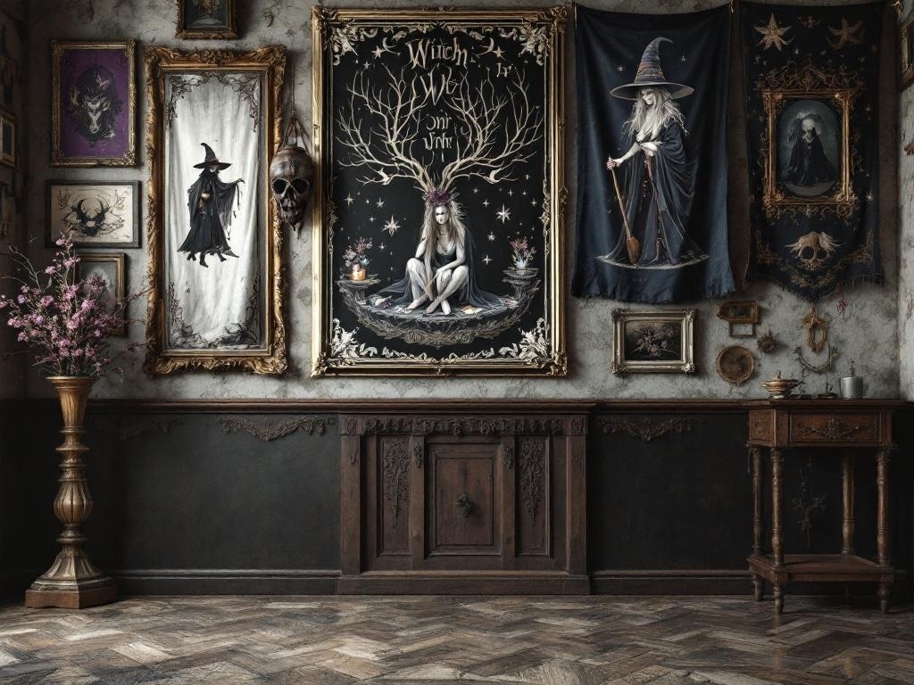 A witchcore living room featuring various witch-themed wall art and tapestries.