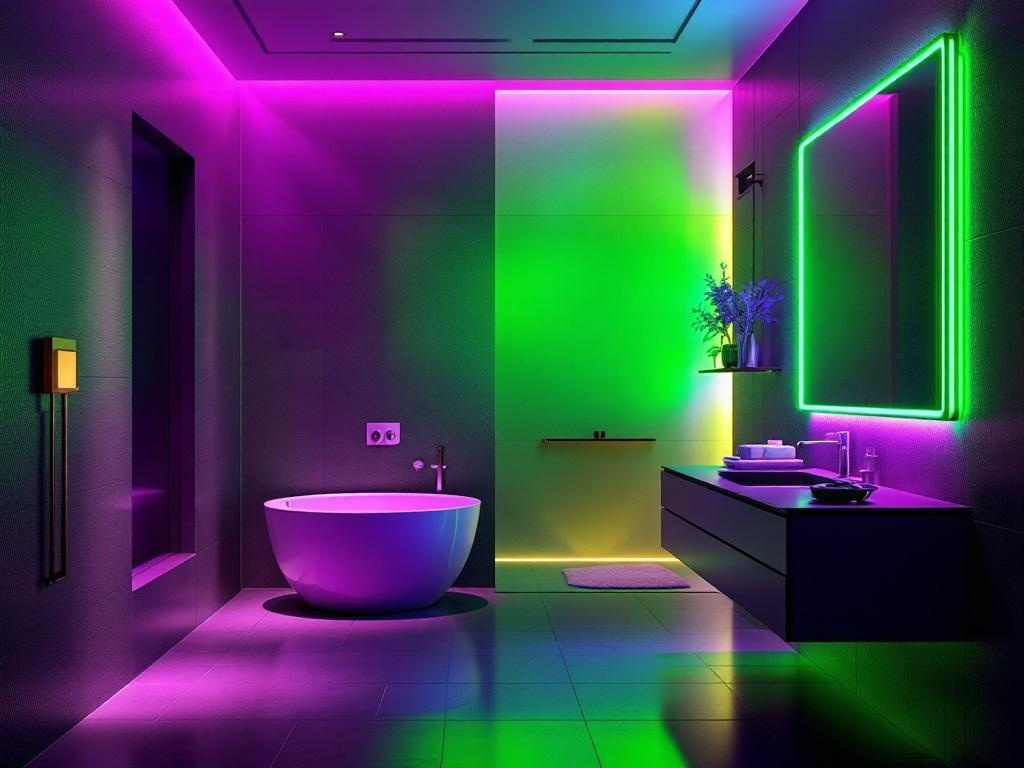 A modern bathroom with green and purple lighting fixtures, featuring a round bathtub and sleek vanity.