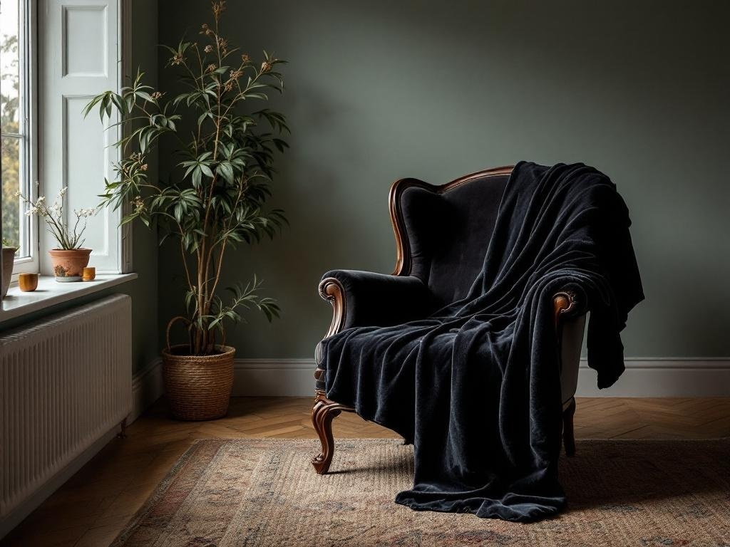 A cozy living room corner featuring a vintage chair draped with a dark velvet throw, surrounded by plants and warm lighting.