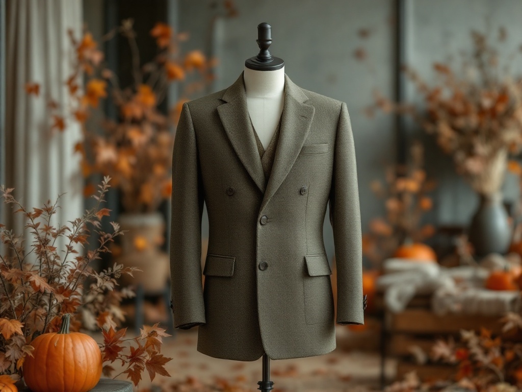 Muted olive suit on a mannequin with autumn decorations