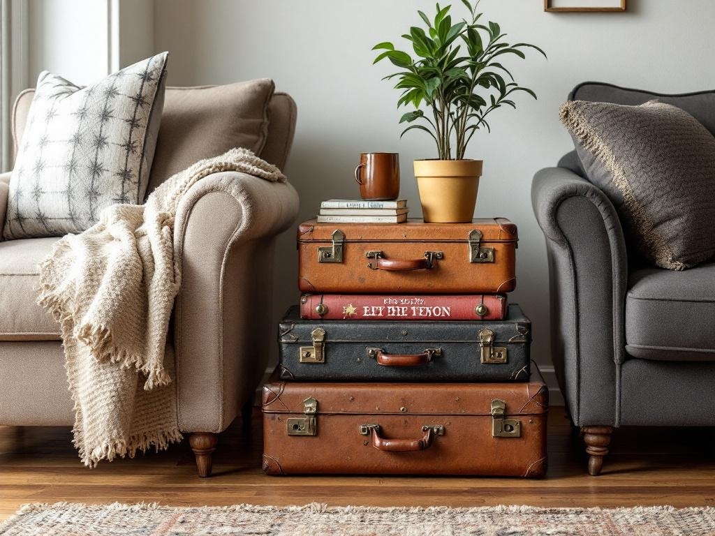 A cozy living room featuring stacked vintage suitcases as side tables next to a couch, with a plant and books on top.