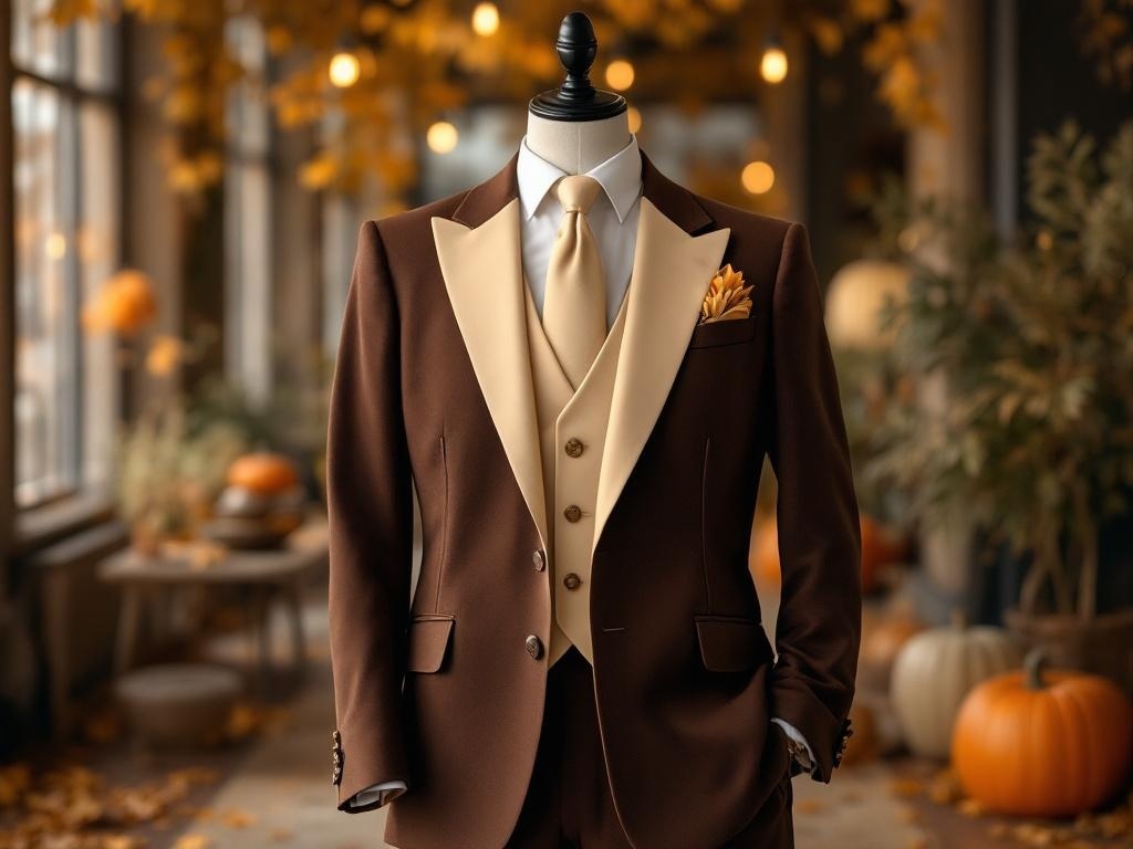 Chocolate brown suit with cream accents displayed on a mannequin, featuring a vest, lapels, and a flower accent.