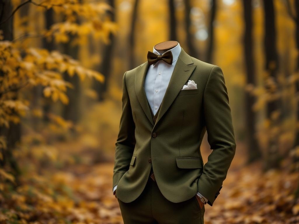 An olive green suit with a bow tie displayed in a fall forest setting.